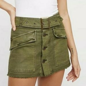 FREE PEOPLE Olive Green Button Front Belted Raw Hem Mini Skirt 2 (X-Small) NWT